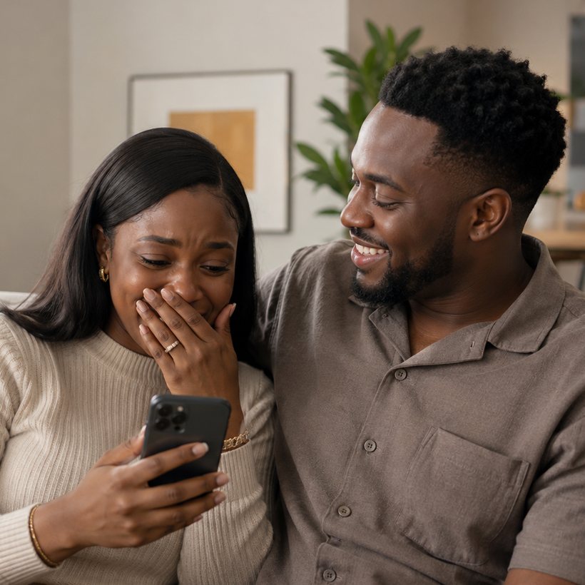A Nigerian couple reacting emotionally to their personalised Lullary song on a phone