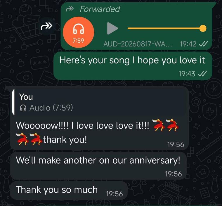 Customer message after hearing their Lullary song: I love love love it — we'll make another on our anniversary