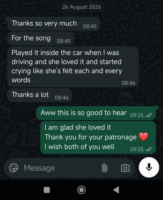 Customer message: played it in the car and she started crying like she felt every word